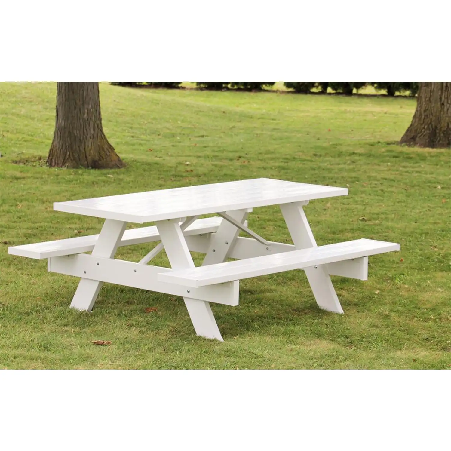 

6' Traditional White Vinyl Picnic Table for Added Stability and Strength, The Benches Are Reinforced with Wood Inserts