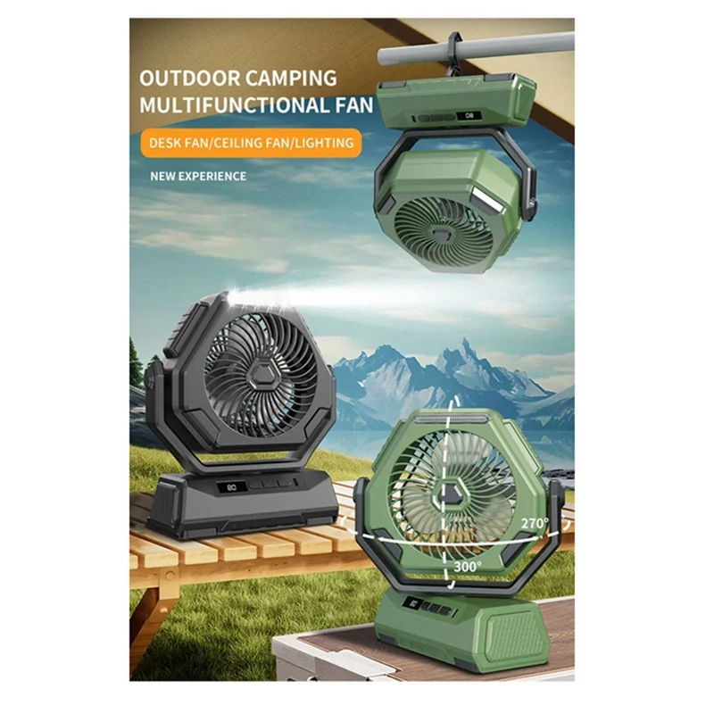 Ventilador para acampar al aire libre 6000Mah Ventilador oscilante de techo recargable Aire acondicionado portátil Enfriador de aire con iluminación duradera -B