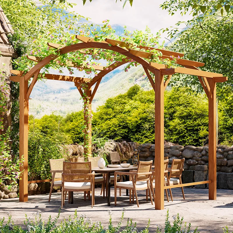 

Садовый павильон из массива дерева с каркасом для вьющихся растений, уличный, из пропитанной древесины, сборный, для двора, со столом и стульями