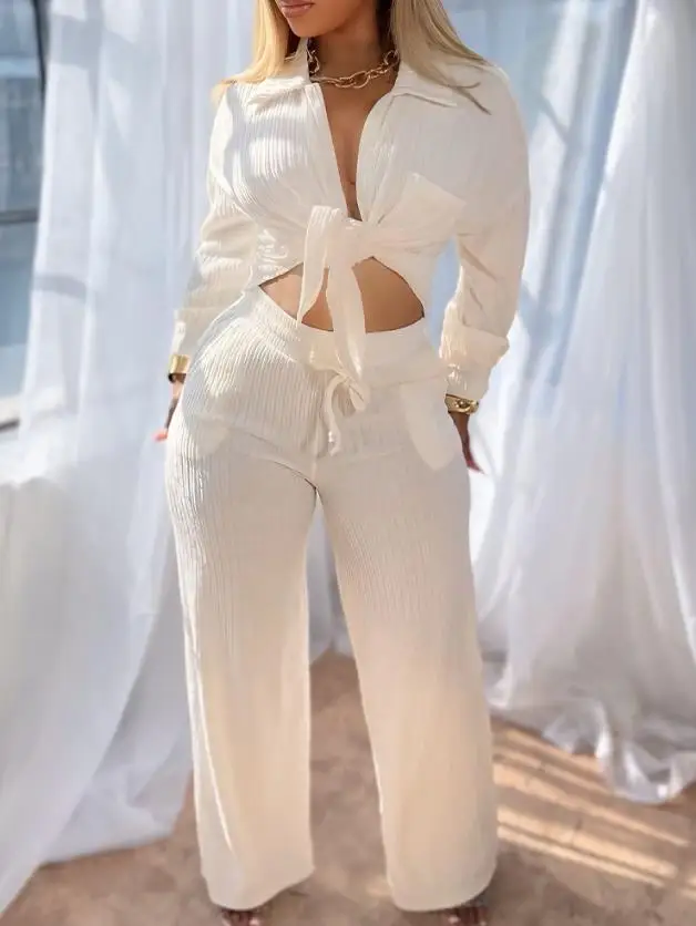 2피스 라펠 버튼 프론트 포켓 디자인 비대칭 밑단 탑과 드로스트링 엘라스틱 웨이스트 와이드 레그 팬츠 세트 캐주얼 텍스처 세트