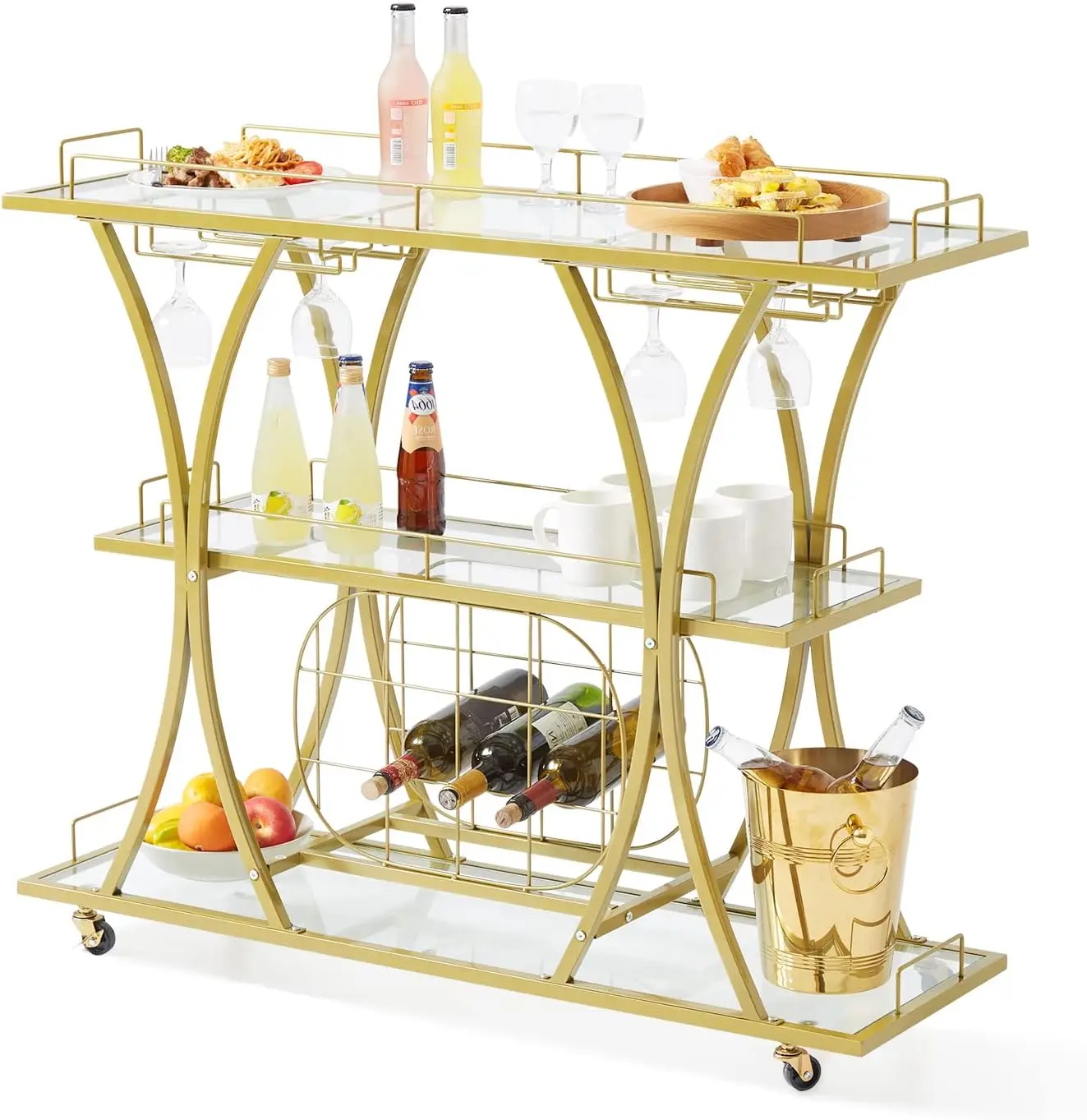 3 Tiers Home Bar Serving Cart on Lockable Wheels, Rolling Alcohol Cart with Tempered Glass Shelves Guardrail Wine Rack