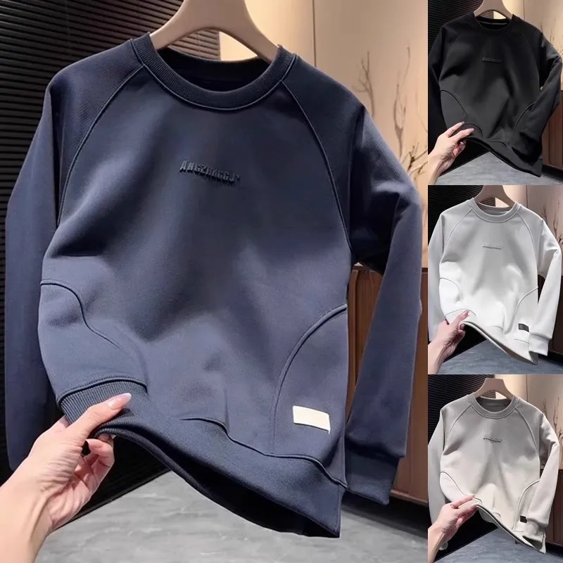 

Men's Fce Lined round Ne Sweatirt Casual Patchwork Design All-Match Autumn Winter Thiened Warm Base Layer Top