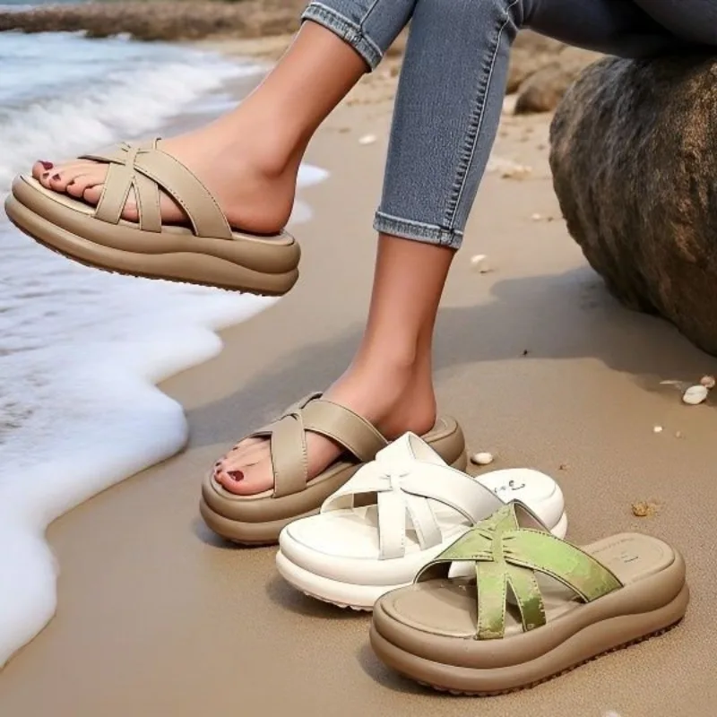 

Womens Thick Sole Platform Slide Sandals Criss Cross Slip on Open Toe Slippers Casual Comfort Summer Beach Vacation Shoes Ladies