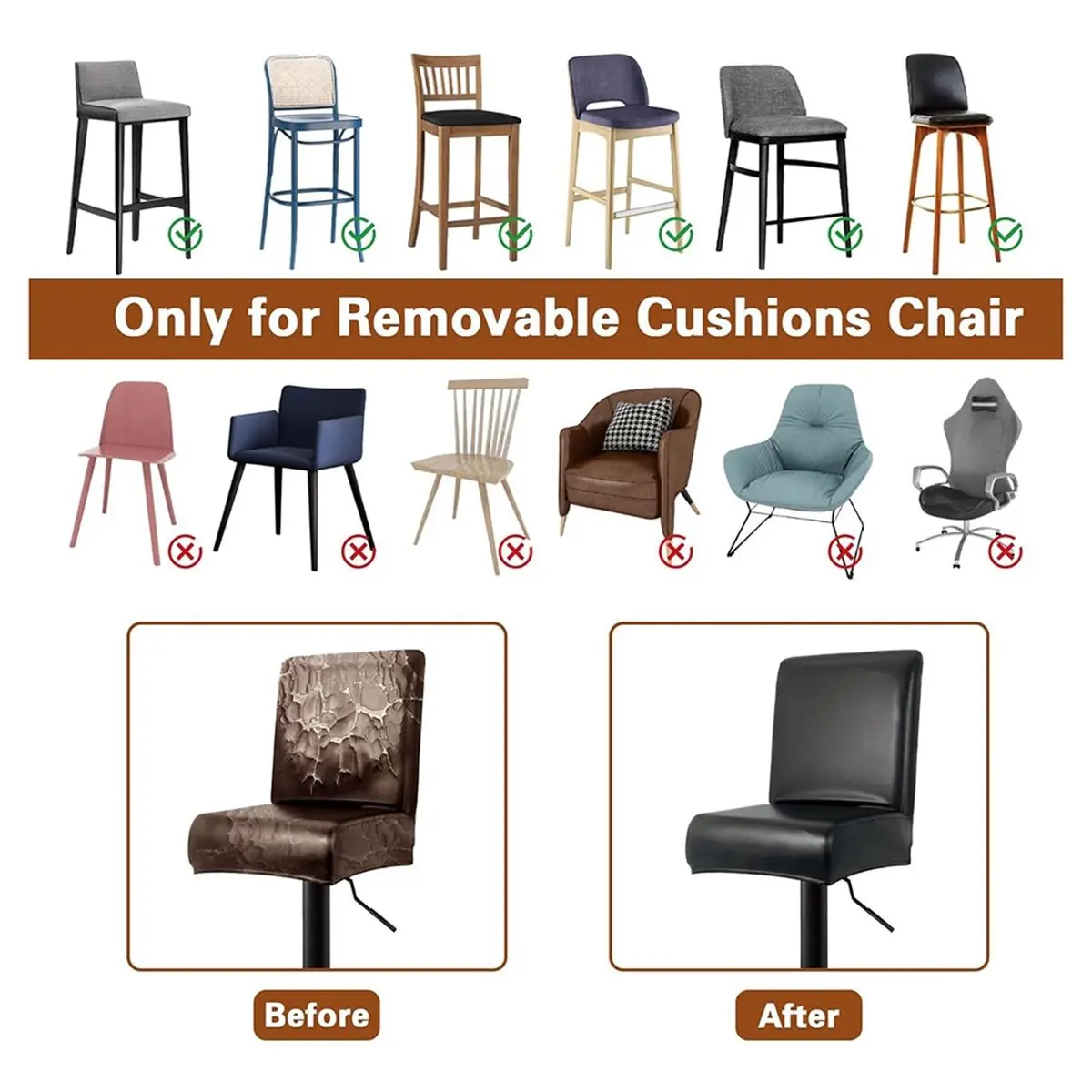 High Quality PU Leather Bar Stool Covers with Backs, 4 Pack Stretch Waterproof Bar Stool Chair Covers Washable Barstool Covers