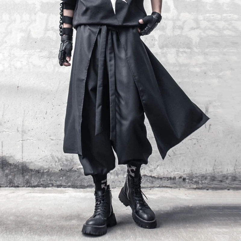 Summer Functional Ankle Pants Men Dark Style Fake Two Piece Patchwork Design Elastic Waist Trousers  New Male