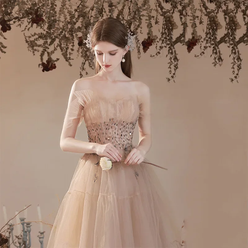 2022 New Women Long Tulle A Line Prom Dresses Champagne Tube Top Beading Formal Party Gown Robe De Soiree