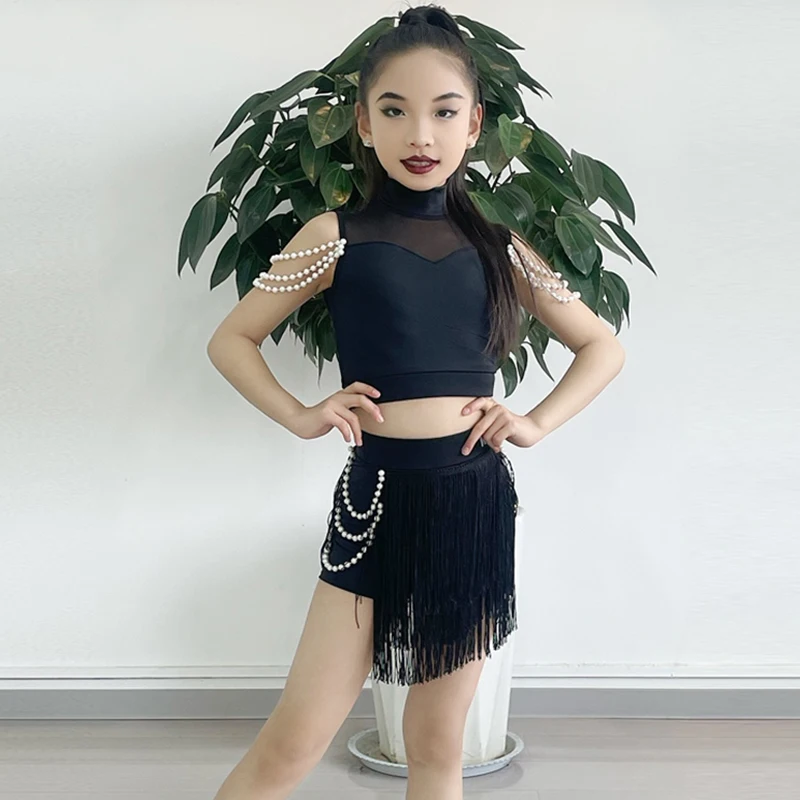 

Latin Dance Suit Black Samba Rumba Performance Dress Girls High Collar Top With Pearl Fringe Skirt Child Latin Dancewear VDL3646
