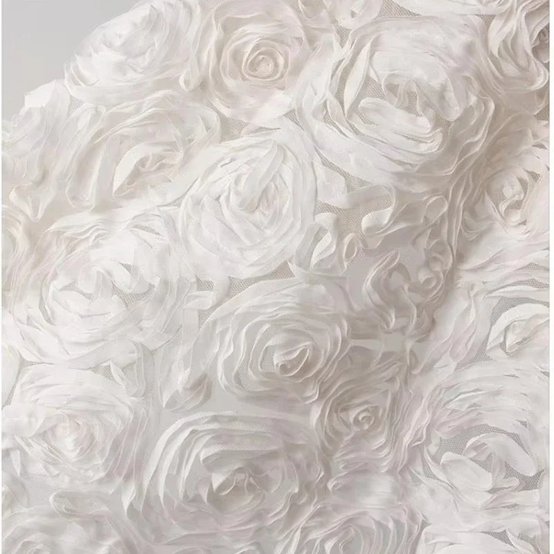 

3D Rose Flower Embroidered Mesh Fabric Fashion Creative Designer Fabric for Sewing By The Yard