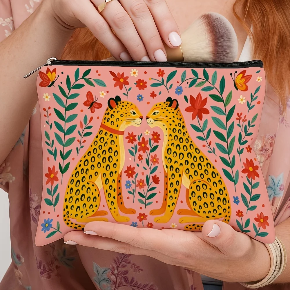 1 Piece Floral and Leopard Print Makeup Bag - Multifunctional Zipper Pouch for Women, Perfect Travel Zipper Storage Bag, Fun Birthday Gift