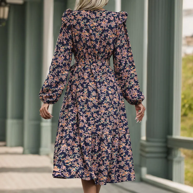 Women's Deep Blue Floral Print Dress Boho Deep V-Neck Ruffle Long Sleeve Waist Belted Flowy Midi Dress for Autumn Daily Party