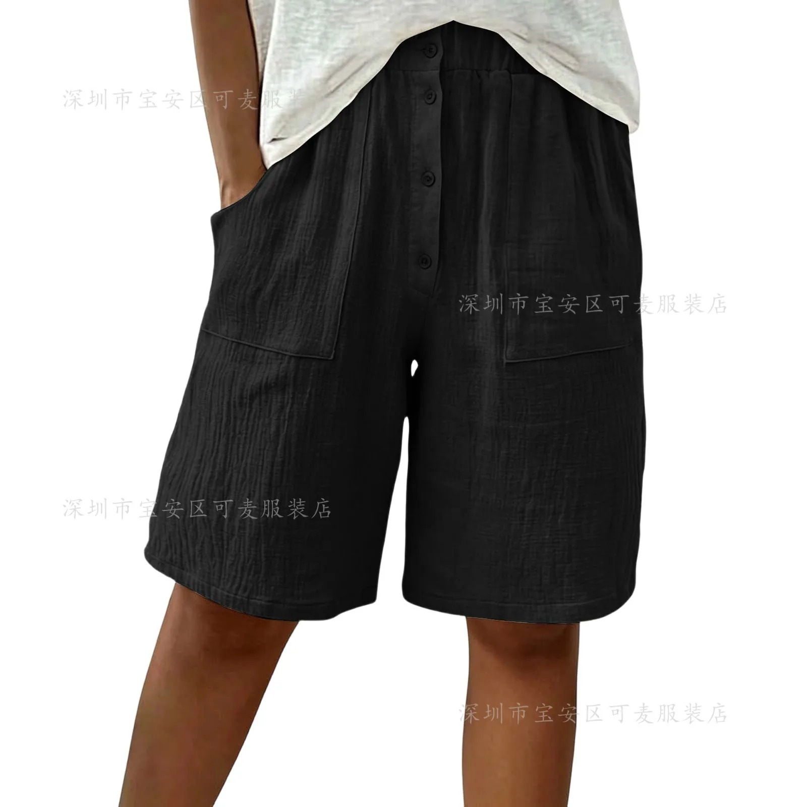 Casual Ladies Textured Linen Bermuda Shorts Elastic High Waist Faux Button Front Loose Knee Length Walking Shorts With Pockets