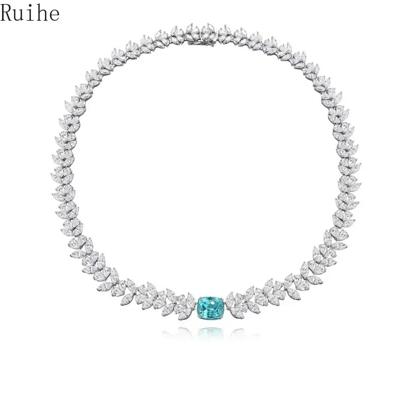 Ruihe Luxury 925 Silver Necklace for Women 9.2ct Lab Grown Paraiba Gems Simulated Diamond Zirconia Jewelry Gift Wedding Custom