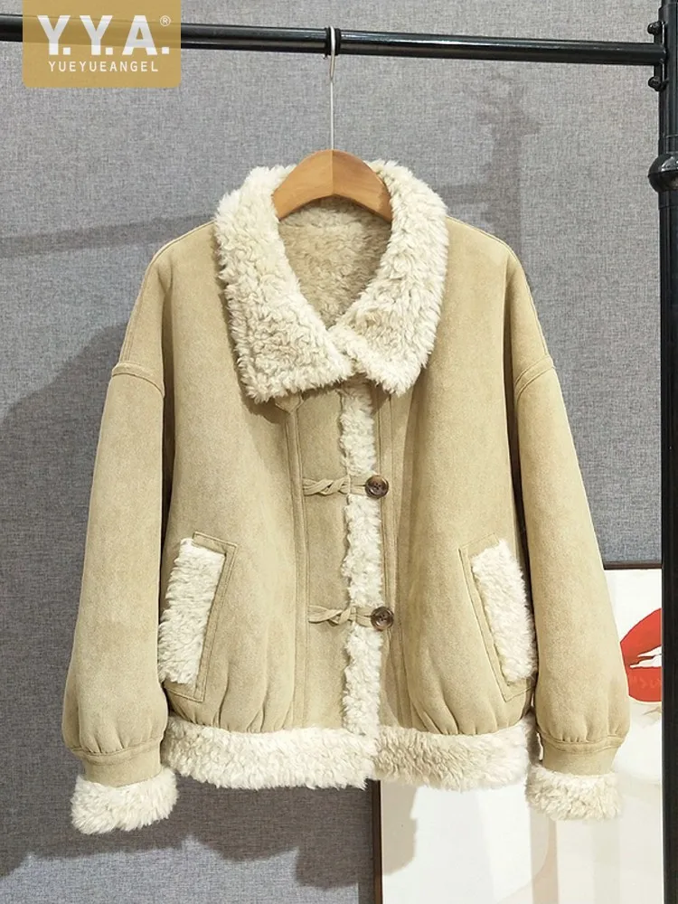 

Ladies Office Winter Warm Suede Fur Tops Solid Color Outwear Loose Fit Wool Jacket Single Breasted Long Sleeves Women Fashion