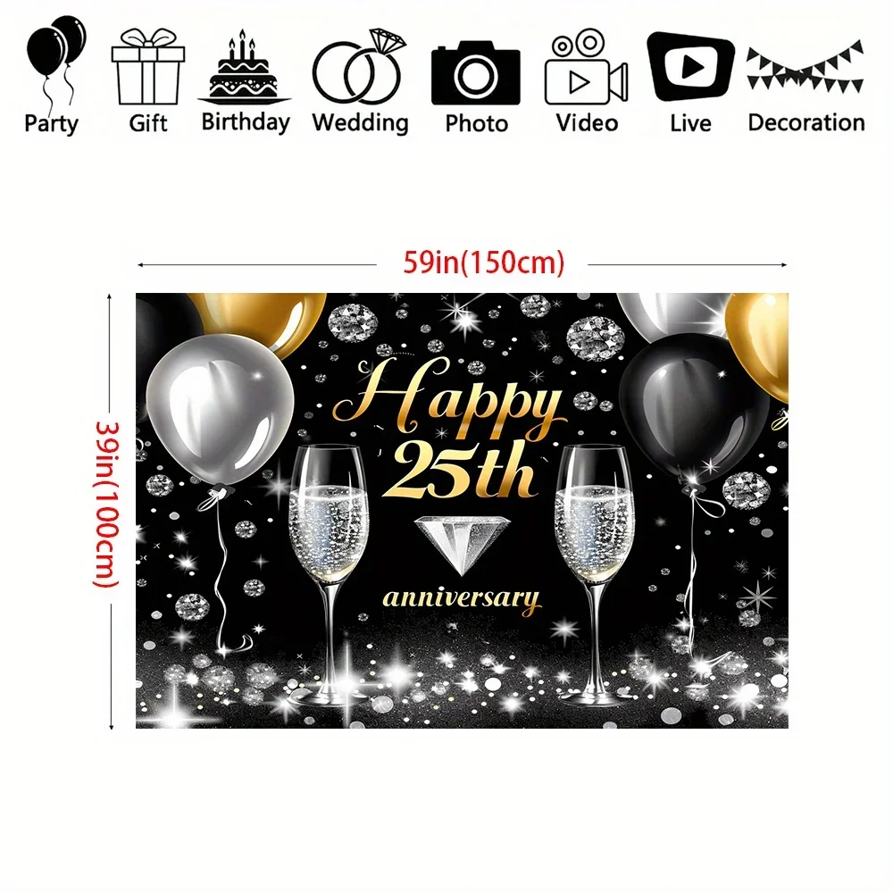 Happy 25th Anniversary Banner,Polyester wedding and anniversary party decor,black and silver background, no electricity required