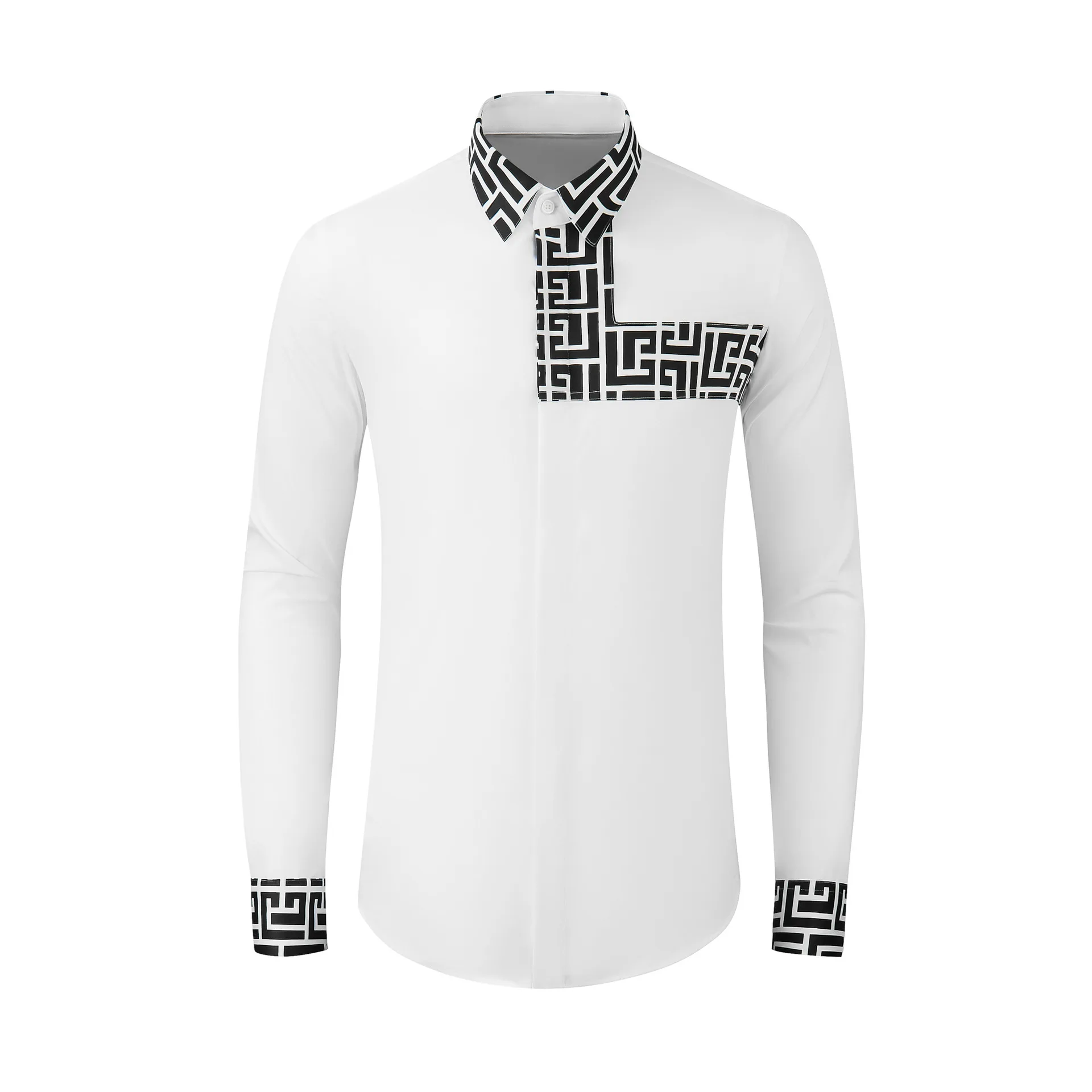 Long sleeved front panel splicing with contrasting color fitting men's shirt, personalized celebrity style men's clothing