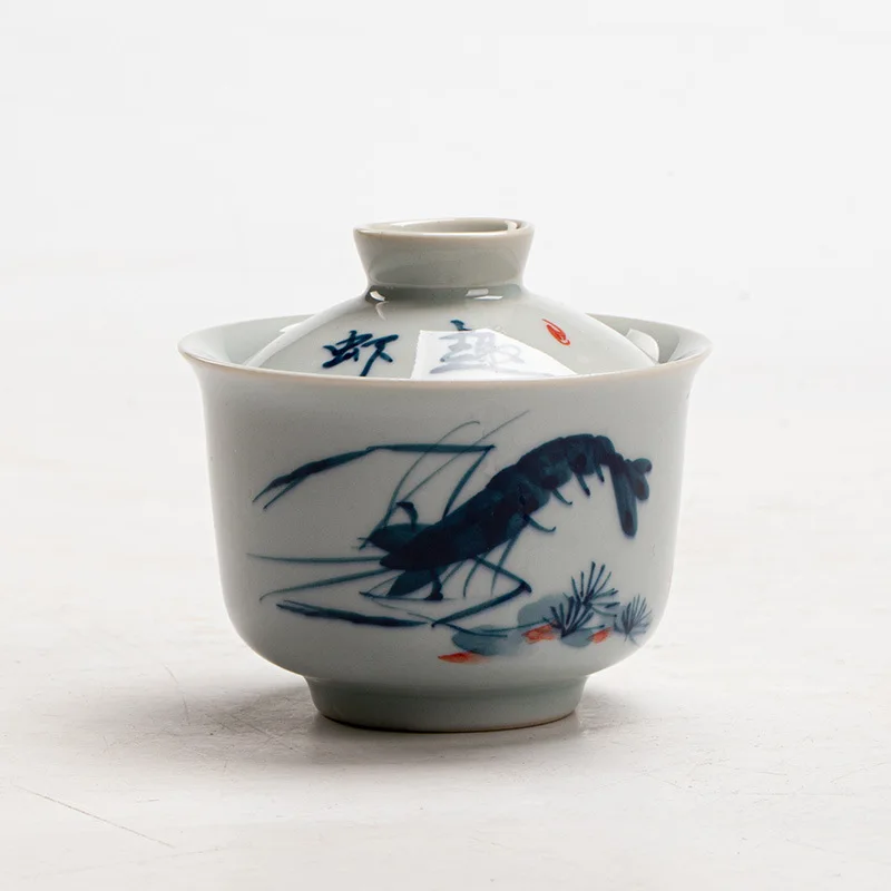 

Small Antique Green Lid Kung Fu Set 4g Rock Brewing Hand-painted Shrimp Fun Blue and White Ceramic Tea Bowl