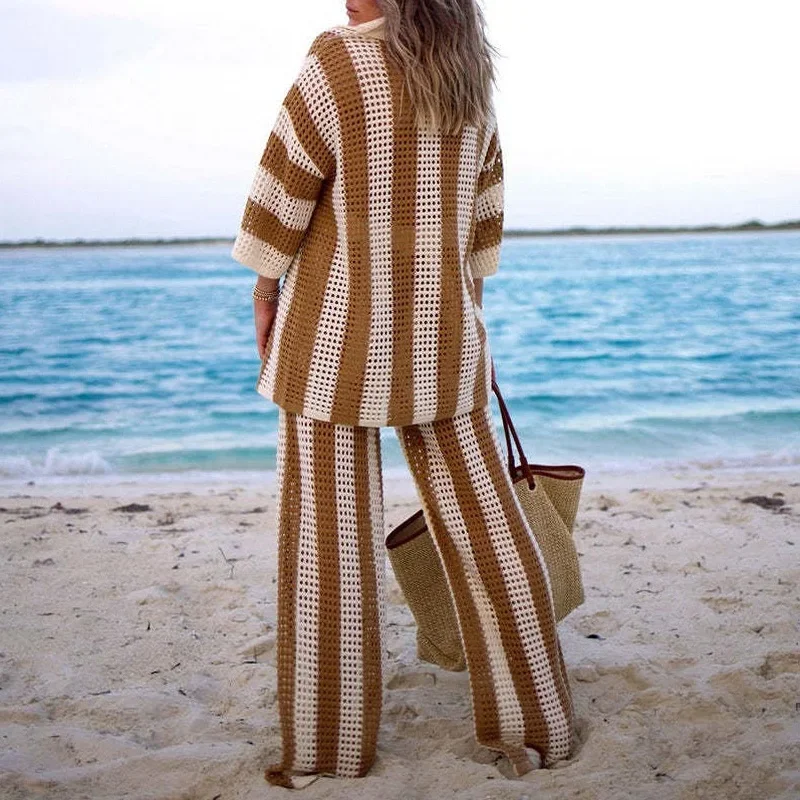 Spring Crochet Hollow Knitted Set Woman 2 Pieces Striped Print 3/4 Sleeve Outfit Summer V-neck Button Top & Wide Leg Pants Suits