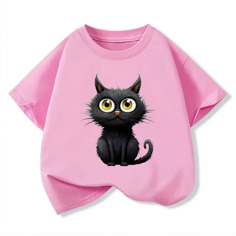 Cute Black Cat Print Print Baby Girls T-shirt Cotton Summer Pink Purple Fashion Tops Tee Kids T Shirt Clothes Teen 6 8 10 12 Yea