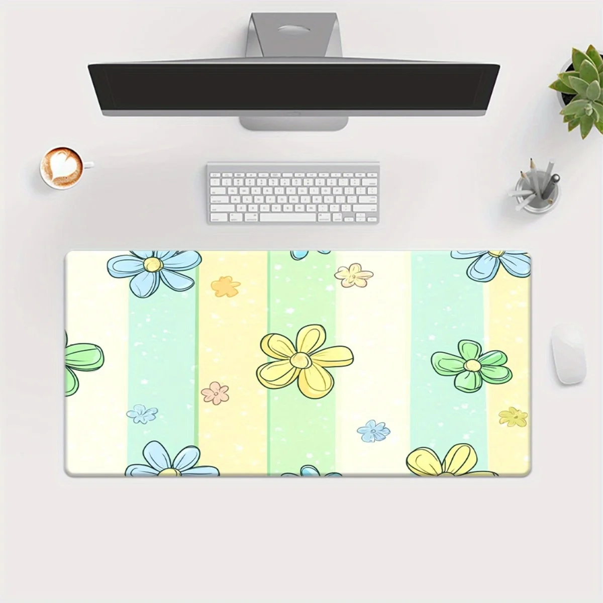 Tappetino da scrivania stampato HD a strisce floreali da 1 pezzo, tappetino per mouse XXL con base in gomma, tastiera multifunzionale e tappetino da gioco, computer da ufficio