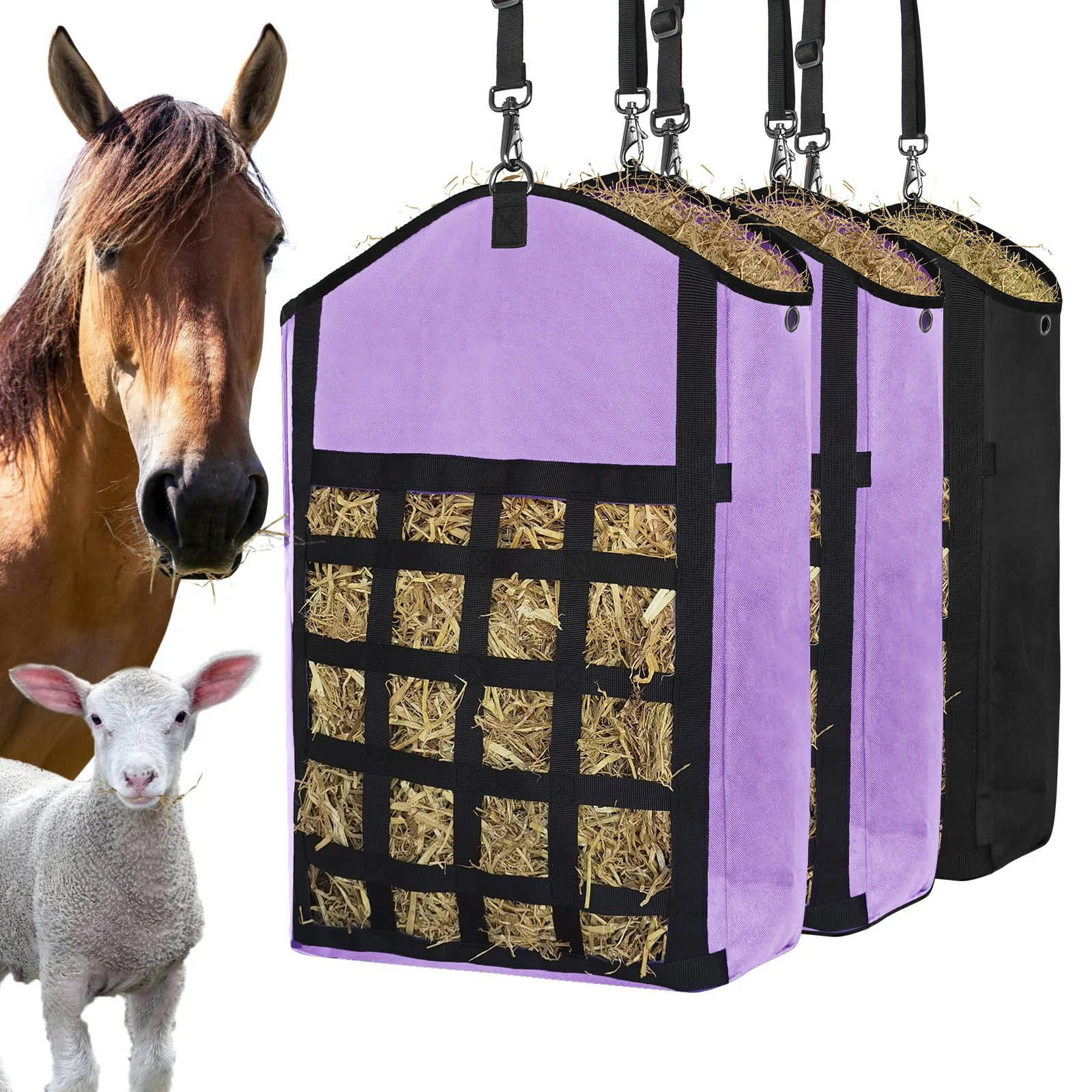2025 عالية الجودة أكسفورد الحصان القش حقيبة تغذية بطيئة الماشية الماعز الأغنام سهلة ملء شنق الجبهة القش شبكة تصميم 1 قطعة أطباق الحيوانات الأليفة مغذيات #1
