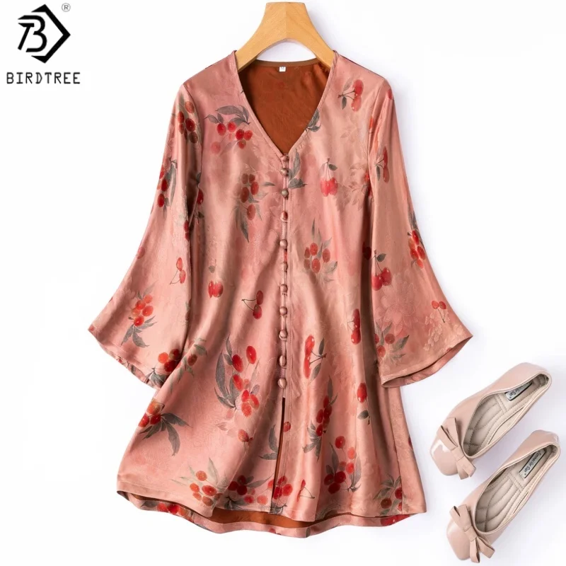 

Birdtree, 24MM 100% Silk Blouse, Bias-cut Jacquard Satin Shirt, Women Floral Luo Xiangyunsha Silk Tops, 2026 Summer New T65509JF
