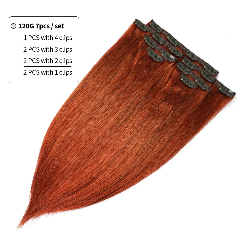 Veravicky #350 Copper Red Double Weft Brazilian 100% Real Human Hair Clips On Hairpieces Full Head Clip Hair for Thin Hair