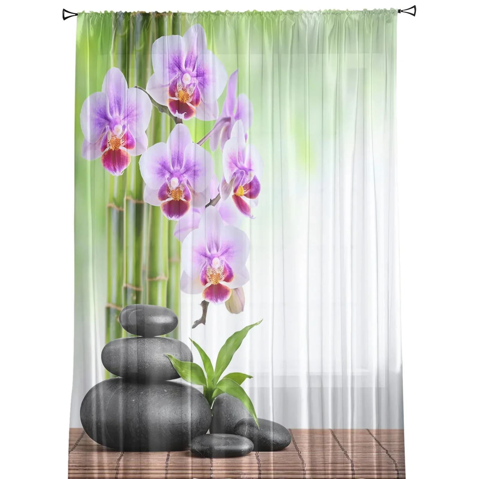 Bamboo Orchid Zen Stone Flower Sheer Curtains Living Room Window Tulle Curtains For Bedroom Kitchen Home Decoration Voile Drapes