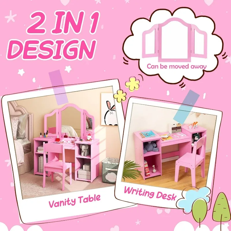 Kids 2-in-1 Princess Makeup Desk & Chair with Detachable Mirror, Shelves, Pretend Play Dressing Table for Girls (Pink)