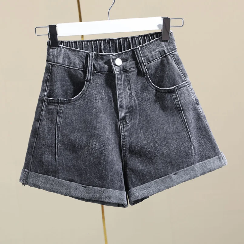 Rauch grau gekräuselte Jeans shorts Damen Sommer neue elastische Taille elastische Slim Fit weites Bein hohe Taille A-Linie Hot pants