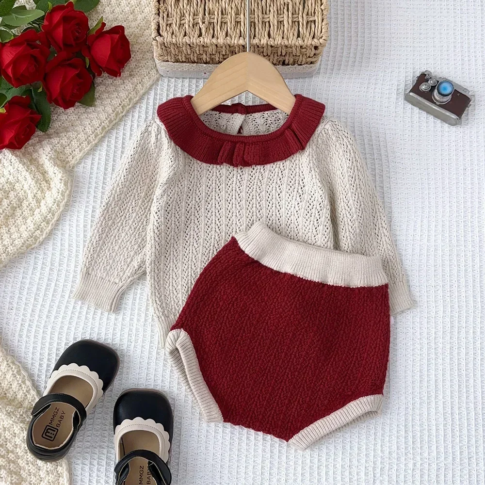 Baby Girl Cute New Year Costumes Collar Long Sleeved Knitted Top+white Wool Ball Shorts Sets Fashionable New Children\'s Clothing