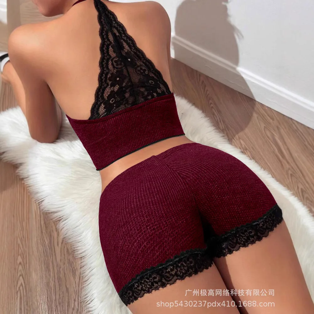 Women Spring Summer 2 Pieces Colorblock Halter Contrast Lace Backless Tank Top & Waffle Knit Casual Shorts Sets