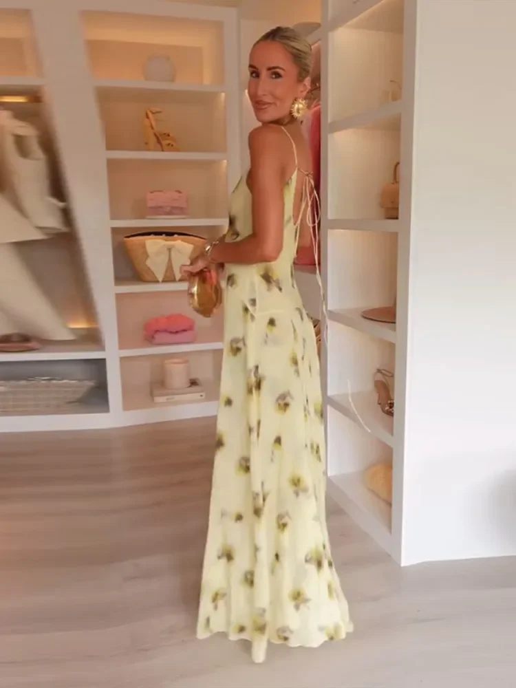Żółty nadruk V Neck Sling Maxi Dresses Women Elegant Sleeveless Backless High Waist Pleated Long Dress 2025 Summer New Lady Robe