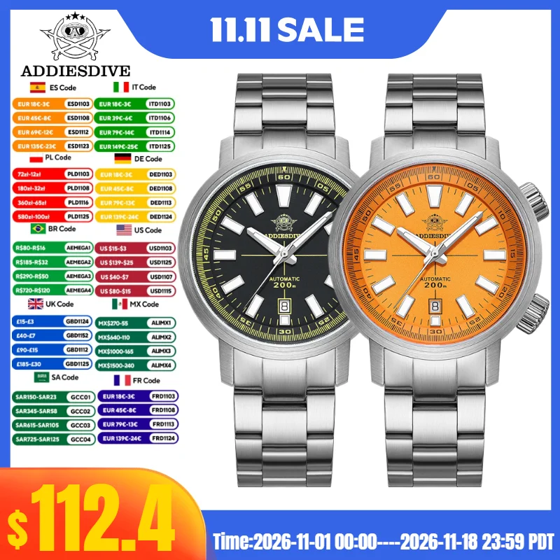 ADDIESDIVE AD2093 Automatic Mechanical Watch reloj BGW9 Super Luminous Japanese 8215 Sapphire Grass 20Bar Waterproof Men Watch