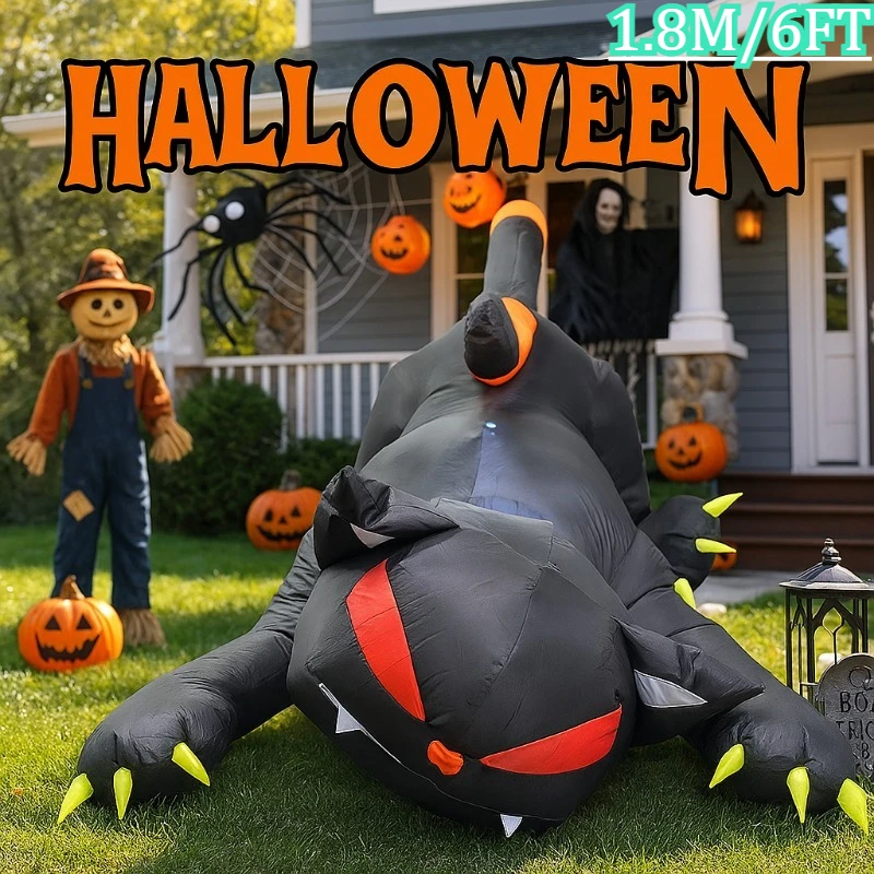 

6FT Outdoor Holiday Decorations Halloween Toys Black Cat Shakes Head Garden Party Built-in LED Lights Up Ghost Yard Lawn Decor