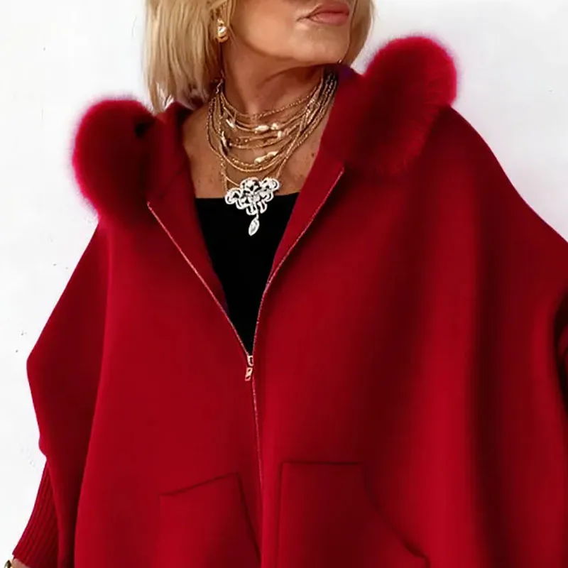 

Office Simple Solid Color Cardigans Fashion Feather Patchwork Hooded Autumn Coat Casual Long Sleeved Zipper Pocket Women's Coat