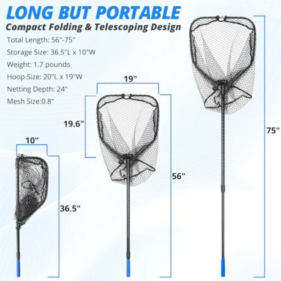 Long Collapsible Landing Net, Large Fishing Net with Telescoping Handle, Foldable, Extendable, Lightweight and Strong, Fish Net