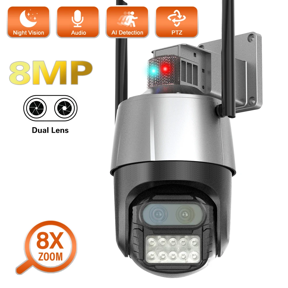 

8MP 4K WiFi IP Camera 2.8mm-8mm Dual Lens 8X Zoom Outdoor Security Video Surveillance CCTV Camera with Anti-theft Siren Alarm