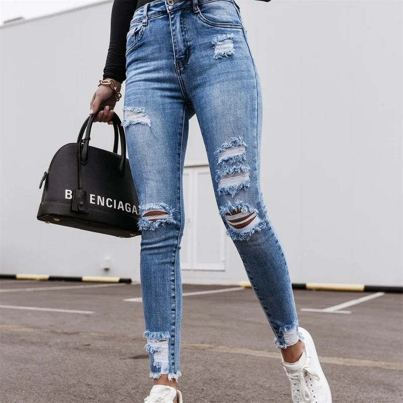 

Women Stretch Waist Slim Skinny Fashion Casual Jeans High Waist Denim Pencil Pants Female Classic Hole Plus Size Trousers Pop