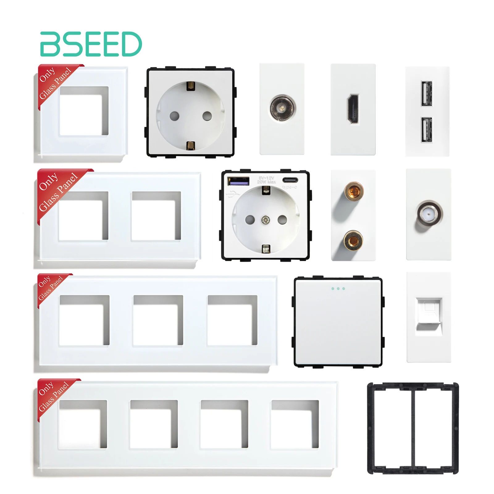 BSEED Szklane ramki TV/ST/USB Gniazdo typu C Gniazdo UE CAT5 RJ45 Gniazdo HDMI Części funkcjonalne 1/2Way Mechaniczne przełączniki przyciskowe Część