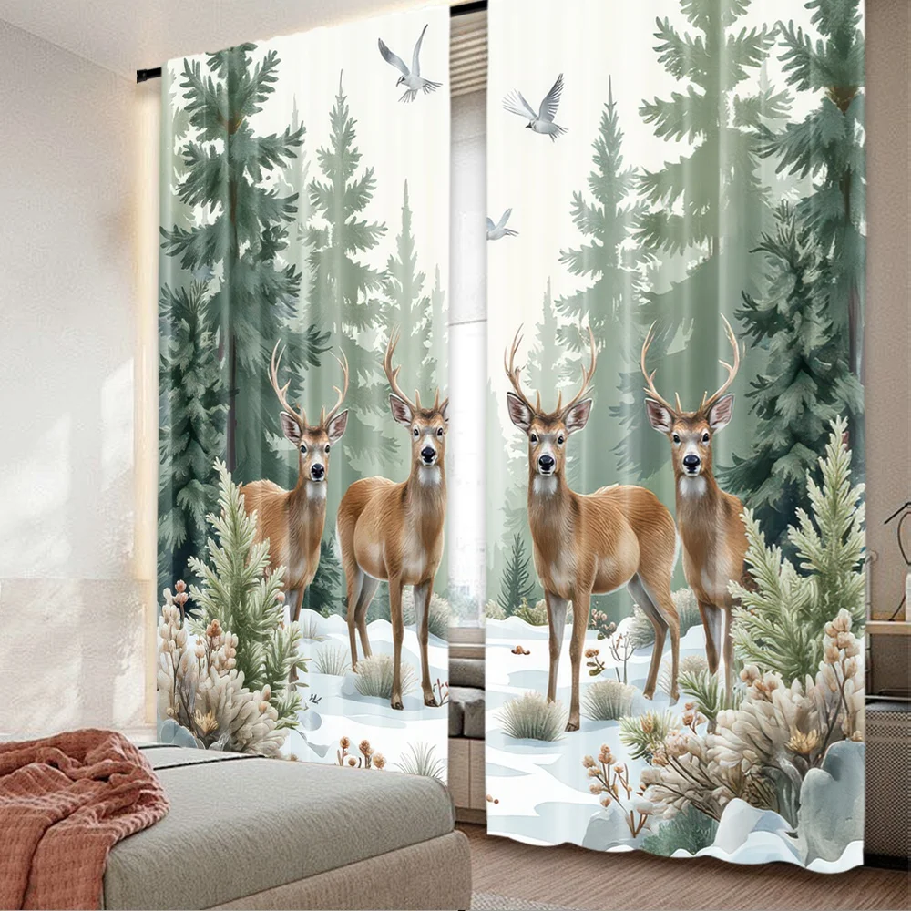 2 Stück 2D-Flachdruck Frohe Weihnachten Party Vorhänge WinterStagScene Digitaldruck Polyester Vorhänge Geburtstagsfeier für den Urlaub