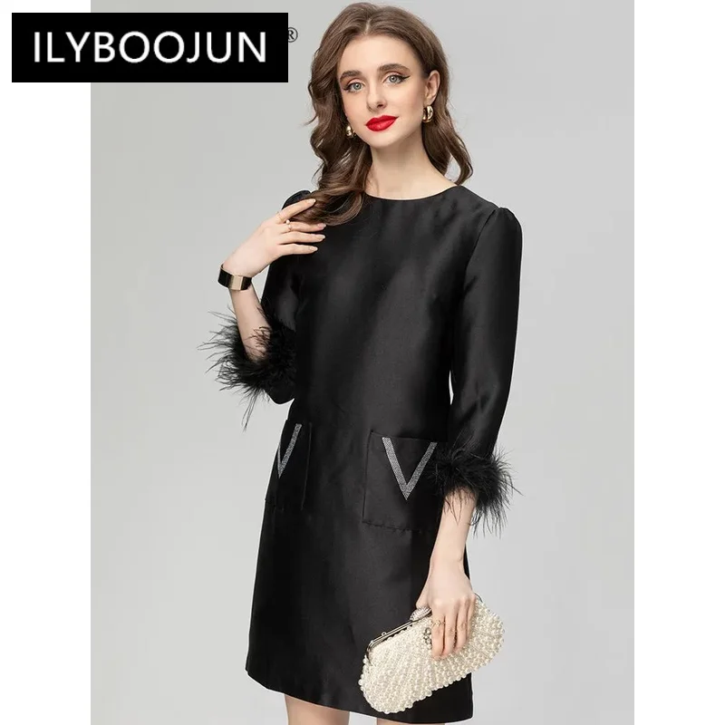 

ILYBOOJUN Fashion Designer Black Vintage Party Dress Women's O Neck Long Sleeve Sequins Feather High Waist Slim Mini Dress