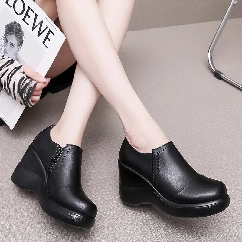 8cm Small Size 32-43 Comfortable Genuine Leather Shoes Platform Pumps 2024 Deep Mouth High Heels Wedges Shoes for Office Model