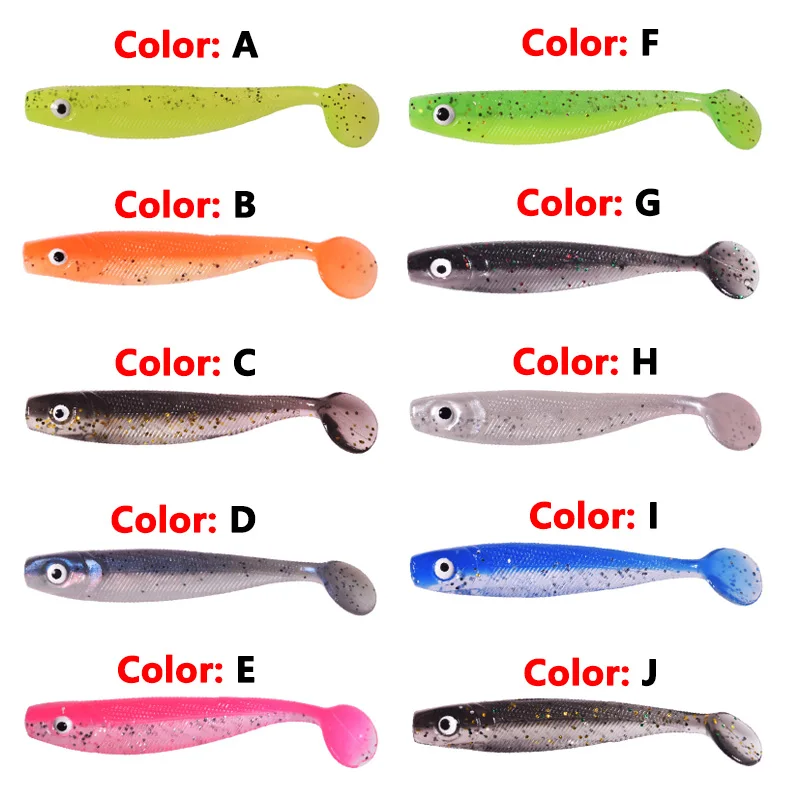 Iscas artificiais de silicone com olhos 3D, iscas macias de duas cores, wobblers, swimbaits com cauda em T, iscas de pesca para carpa, truta, robalo, 10 peças em um conjunto