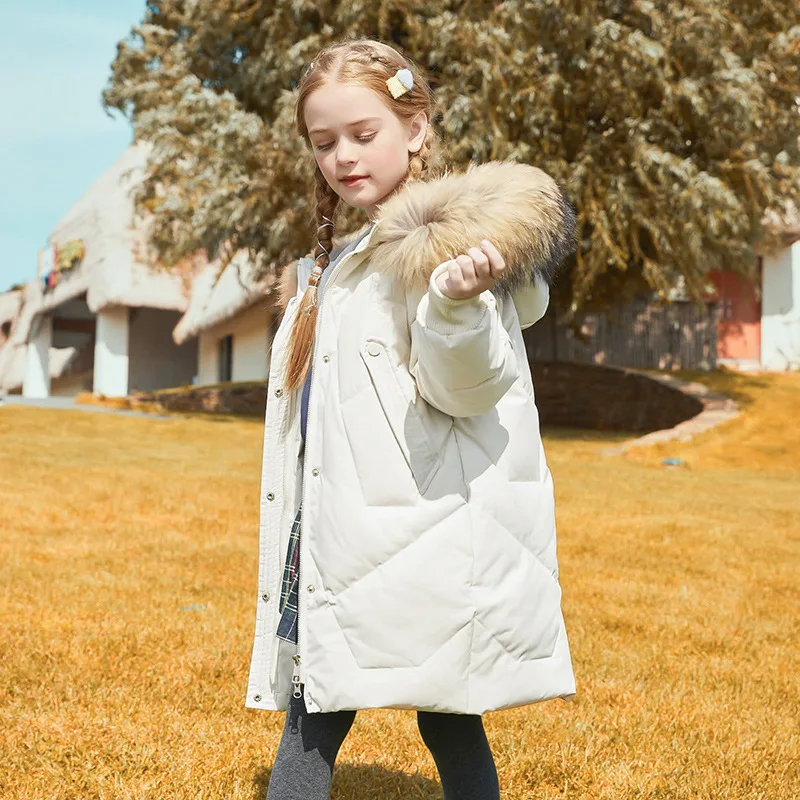RAISE Russian Winter Down Jacket For Children Girls Faux Fur Hooded Outerwear For Teens Girls 5-14 Years Kids Girl Puffer Jacket