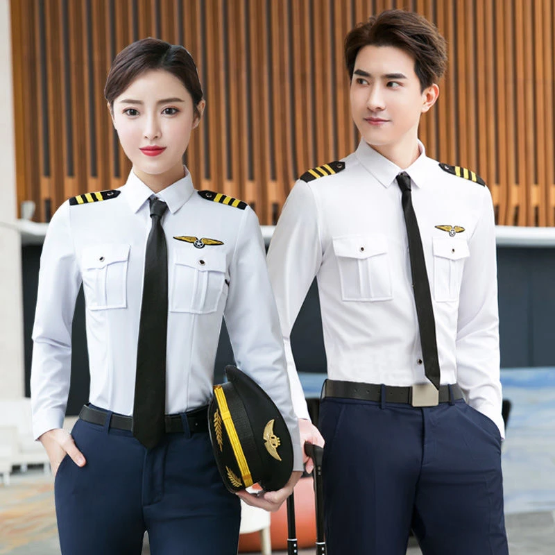 Professional Work Uniform Set For Men's Women's Aviation Pilot Flight Attendants Uniforms Summer Autumn Long sleeved White Shirt