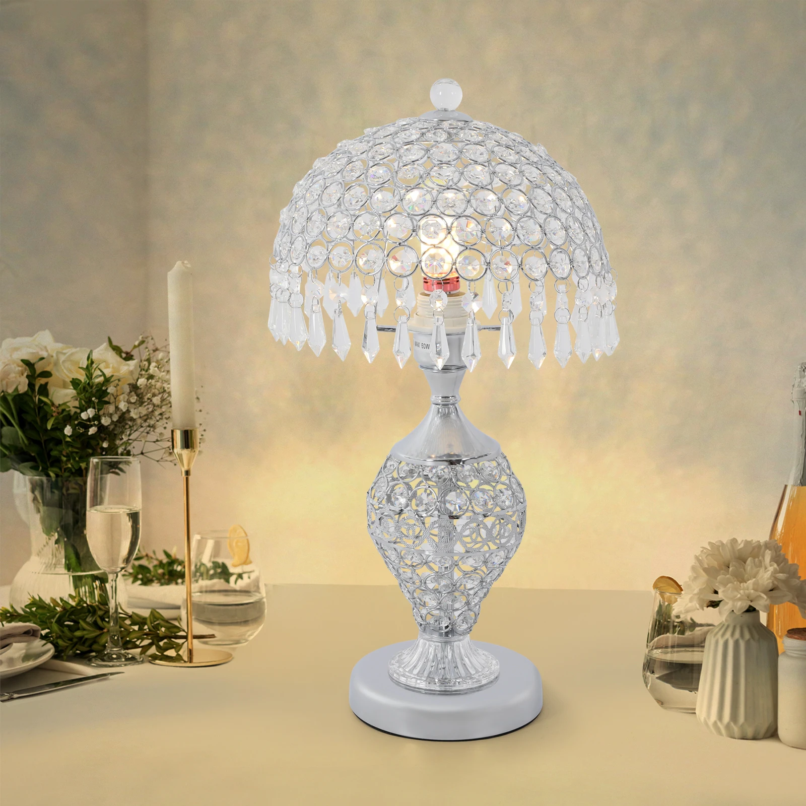

Crystal Table Lamp with Silver Iron Frame, E26 Holder for LED Bulbs, Soft Lighting for Bedroom, Living Room, Office Desk