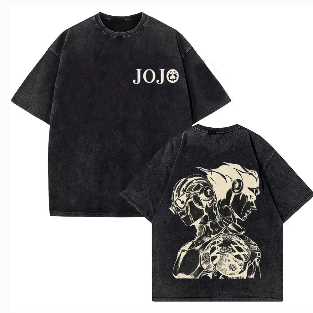 Vintage Washed TShirt Men JoJo Bizarre Adventure Gyro Zeppeli Streetwear T-shirt Anime Print Cotton Casual Short Sleeve Tshirt view 2