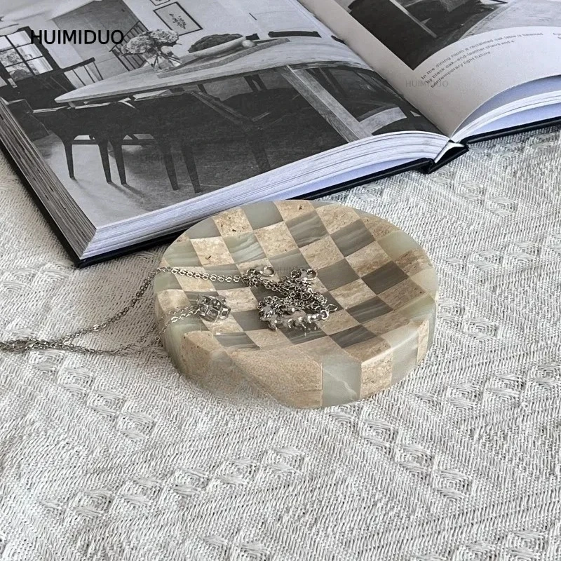 French light luxury style girls' jewelry storage plate desktop natural marble small ornaments round decorative small tray