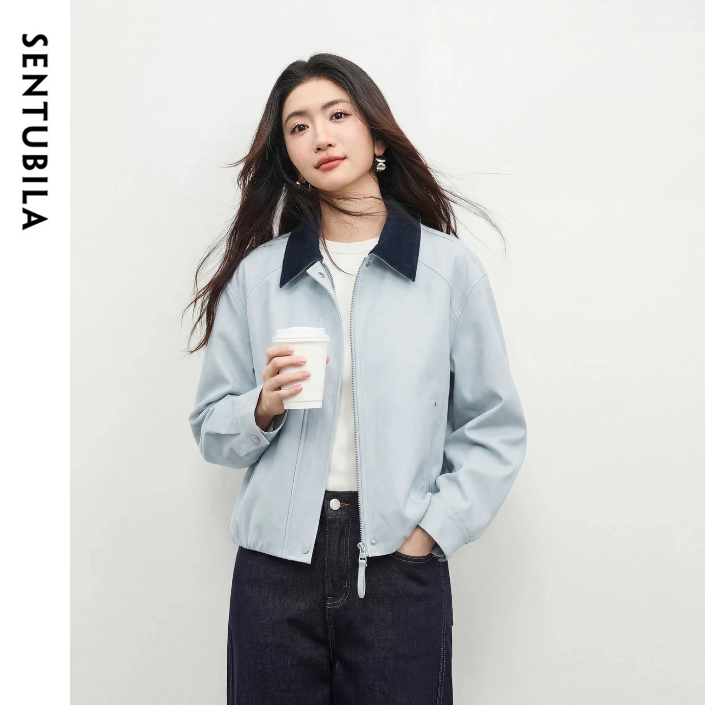 SENTUBILA Simple Short Jacket for Women Color Blocking Lapel Collar Drop Shoulder Sleeve Coat 2026 Spring Loose Jacket W61WB6599