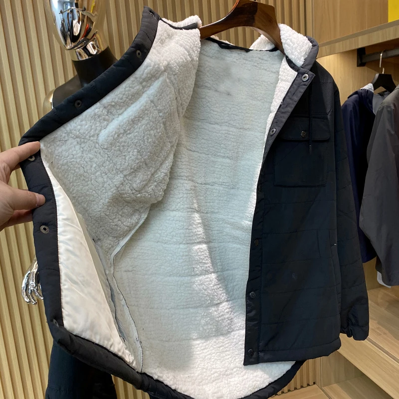 

Warmth Thiened Lamb Velvet Hooded Cotton Jaet Men's Winter Coat Youth Faion Stand Fit Long Sve Zipper Closure Out...